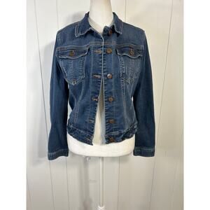 Supplies women’s denim jean jacket. Medium to dark wash. Size S.